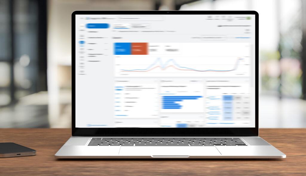 Laptop mockup isolated with transparent screen png on table with office background