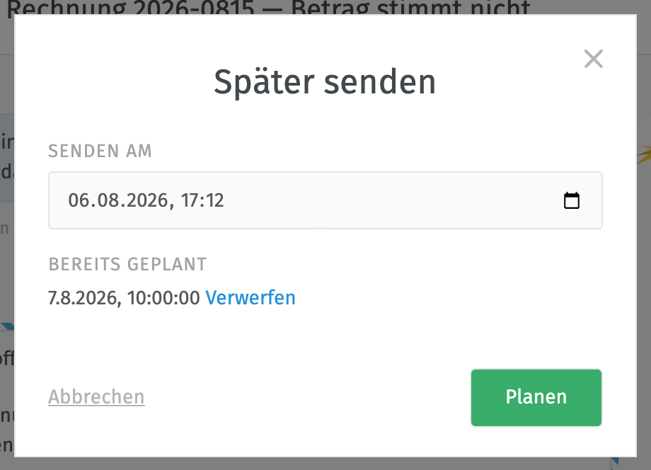 Der Dialog „Später senden“ mit Zeitauswahl und der Schaltfläche „Planen“
