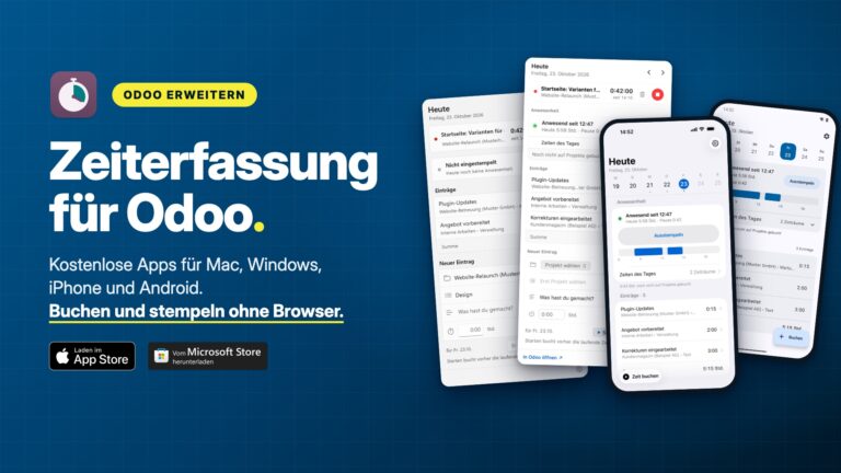 Zeiterfassung für Odoo: App-Symbol, Fenster und Handy-Ansichten mit Beispieldaten, dazu die Badges „Laden im App Store“ und „Vom Microsoft Store herunterladen“