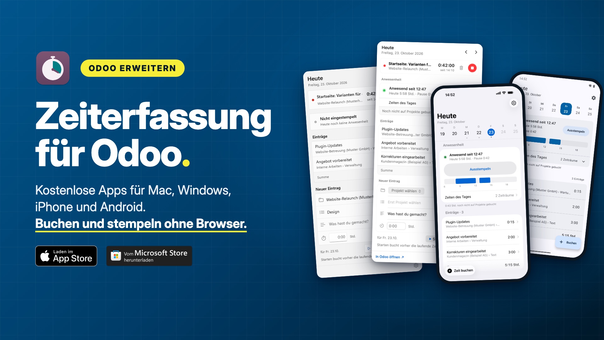 Zeiterfassung für Odoo: App-Symbol, Fenster und Handy-Ansichten mit Beispieldaten, dazu die Badges „Laden im App Store“ und „Vom Microsoft Store herunterladen“