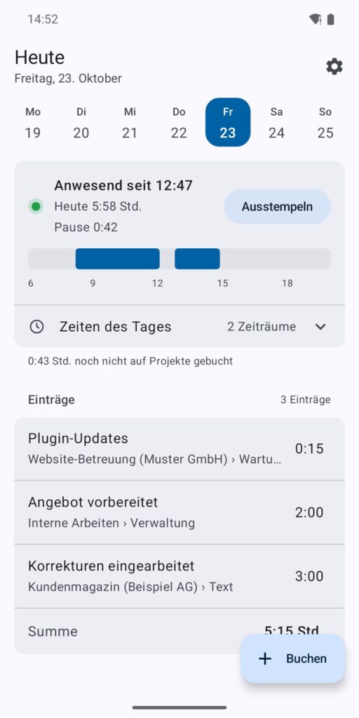 Android: Tagesansicht mit Anwesenheit, Zeiten des Tages und Einträgen