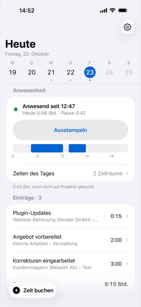 iPhone: Tagesansicht mit Anwesenheit, Zeiten des Tages und Einträgen